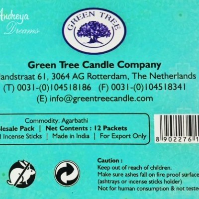 Etiqueta de embalagem de incenso com texto e logotipos da Green Tree Candle Company