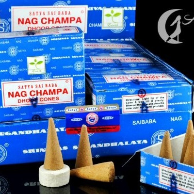 Caixas azuis de incensos Nag Champa com cones cónicos castanhos em suportes brancos em fundo preto