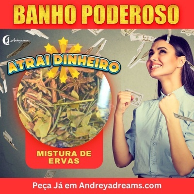 Promoção de banho poderoso com mistura de ervas para atrair dinheiro e mulher sorridente