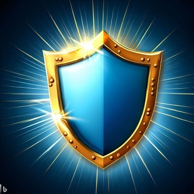 Escudo azul com borda dourada e brilho metálico em fundo azul com raios de luz