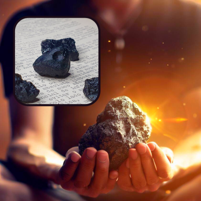 Mãos segurando grande pedra negra rugosa com luz ao fundo e detalhe ampliado de pedras similares sobre papel com texto