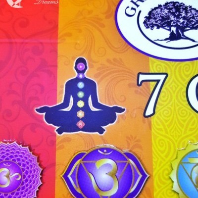 Imagem colorida com silhueta de meditação e símbolos de chakras num fundo vermelho, laranja e amarelo.