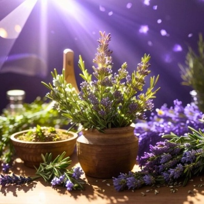 Vasos de barro com flores lilás e folhas verdes sobre madeira