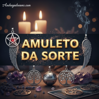 Amuletos de metal prateado com pendentes em superfície de madeira entre velas e cristais