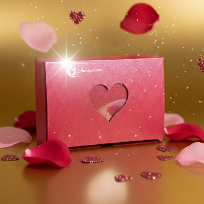 Caixa rosa com coração recortado, pétalas de rosas vermelhas e cor-de-rosa e corações brilhantes num fundo dourado