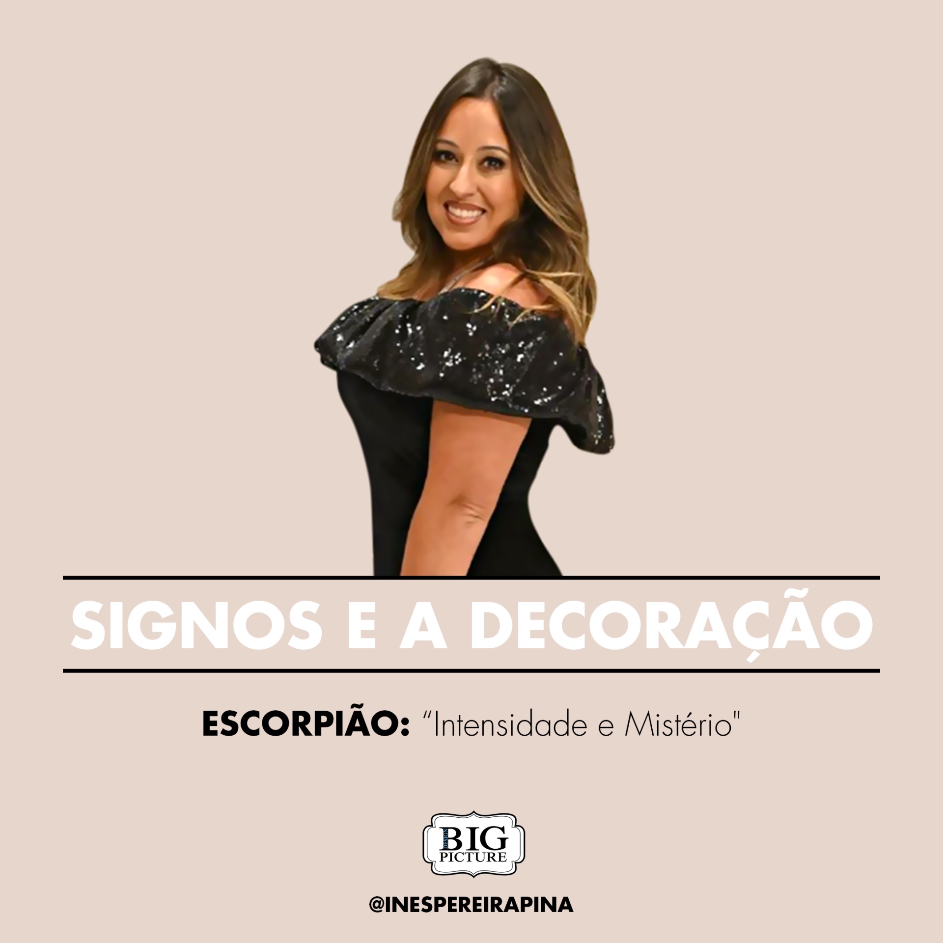 Mulher de vestido preto com gola brilhante, texto sobre signos e decoração