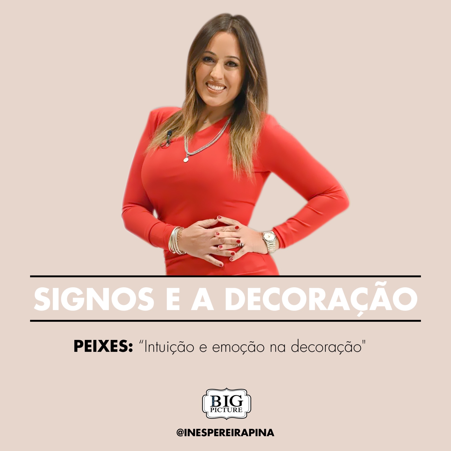 Mulher com vestido vermelho e texto sobre signos e decoração