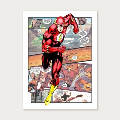 Página de banda desenhada com super-herói em fato vermelho e amarelo e diálogos em inglês.