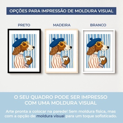 Três molduras visuais para quadros com ilustração de cão com boina e óculos segurando chávena