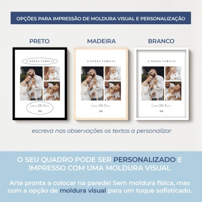 Três quadros com molduras em preto, madeira e branco, com fotos de família e texto personalizável