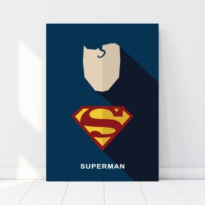 Póster minimalista do Superman com símbolo e rosto abstrato em fundo azul escuro