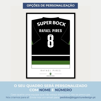 Quadro com camisola preta personalizada do Sporting com nome, número e logótipos