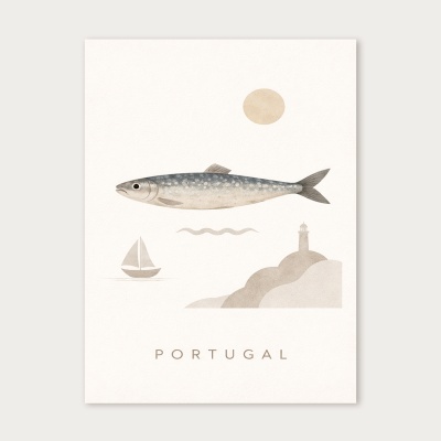 Ilustração minimalista com peixe, barco, farol e sol e texto PORTUGAL.