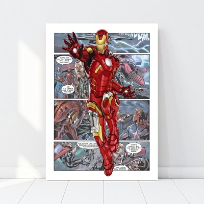 Póster emoldurado do personagem Iron Man em banda desenhada, colocado no chão contra parede branca.