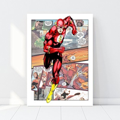 Póster colorido do super-herói Flash em traje vermelho e amarelo com quadrinhos atrás