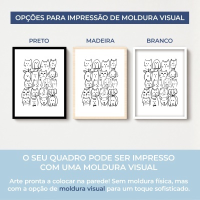 Exemplo de molduras visuais para quadros com desenhos de animais nas cores preto, madeira e branco