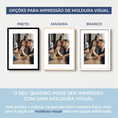 Três opções de moldura visual para impressão de quadros: preto, madeira clara e branco com foto familiar.