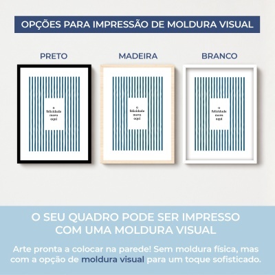 Três quadros com molduras visuais Preto, Madeira e Branco com texto a felicidade mora aqui.