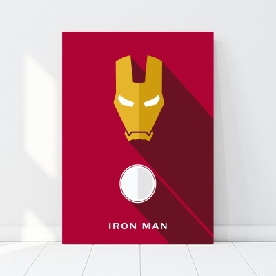 Cartaz vermelho com máscara amarela de Homem de Ferro e texto IRON MAN