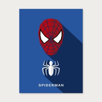 Máscara estilizada do Spiderman vermelha com teias pretas e olhos brancos, aranha branca e texto SPIDERMAN em fundo azul.