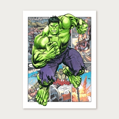 Página de banda desenhada do Hulk em ação com texto em inglês