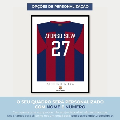 Quadro com camisola azul e vermelha FC Barcelona personalizada com nome e número