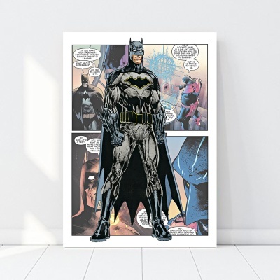 Pôster de banda desenhada do Batman com várias cenas e falas em inglês