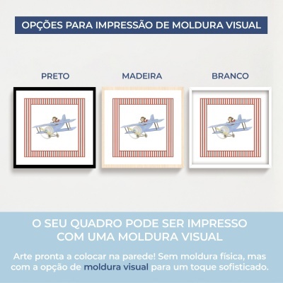 Três molduras visuais para quadros mostrando opções preto, madeira e branco com ilustração de avião e macaco.