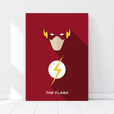 Poster minimalista do THE FLASH com fundo vermelho, rosto estilizado e símbolo de raio amarelo.