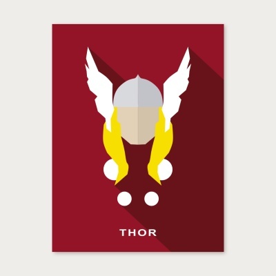Ilustração minimalista de Thor com capacete e asas em fundo vermelho