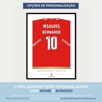 Quadro com camisola de futebol vermelha personalizada com nome Bernardo e número 10