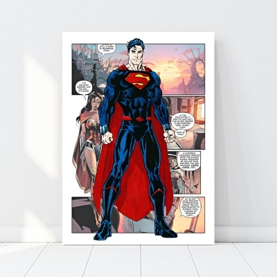 Cartaz de banda desenhada com super-herói em traje azul e vermelho encostado numa parede branca