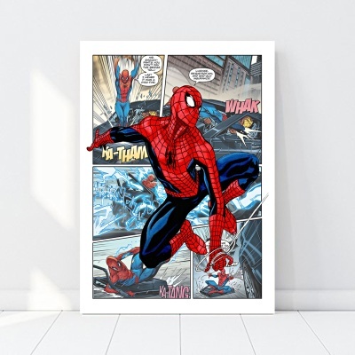 Quadro emoldurado com imagem de banda desenhada do Homem-Aranha em várias poses