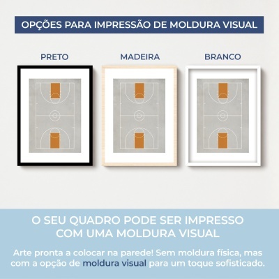 Três quadros com molduras visuais de cores preto, madeira e branco, contendo imagem de quadra de basquete e texto explicativo sobre impressão de moldura visual