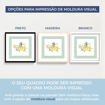 Três molduras visuais para quadros: preta, madeira clara e branca, com ilustração de zebra num avião amarelo.
