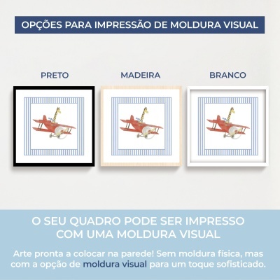 Três molduras para quadros: preta, madeira e branca, com ilustração de avião vermelho e girafa.