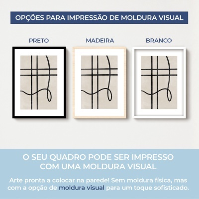 Três molduras visuais para quadros em preto, madeira e branco com padrão abstrato