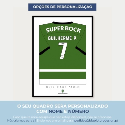 Ilustração de camisola de futebol verde com nome e número personalizáveis em quadro.