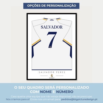 Quadro com camisola do Real Madrid personalizada com nome Salvador e número 7
