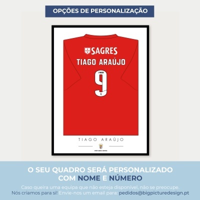 Quadro com camisola vermelha com nome Tiago Araújo e número 9 para personalização