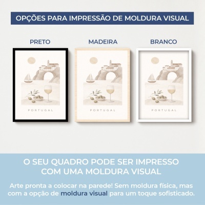 Três quadros com ilustração e molduras visuais preto, madeira e branco