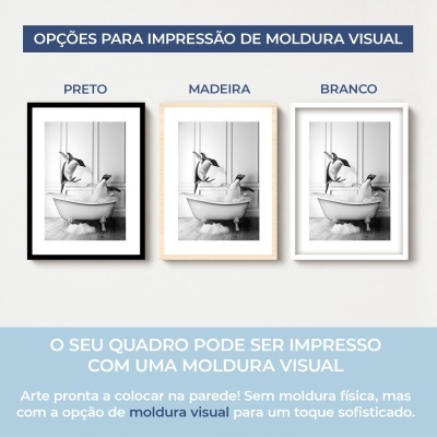 Três molduras visuais em preto, madeira e branco com fotografia de pinguins, apresentadas como opções de impressão.