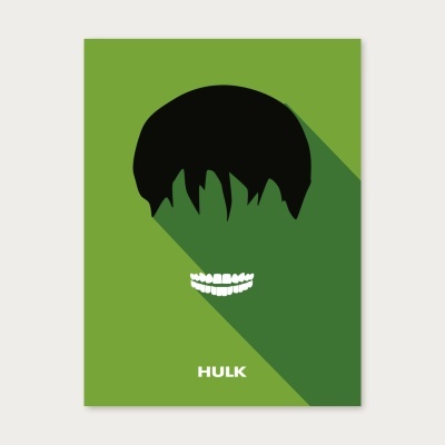 Ilustração minimalista do Hulk com cabelo preto e sorriso branco em fundo verde
