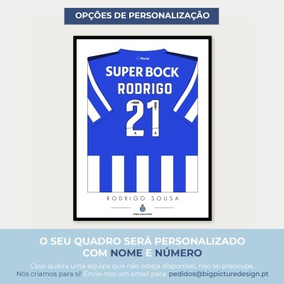 Quadro com camisola de futebol do FC Porto azul e branco personalizado com nome e número