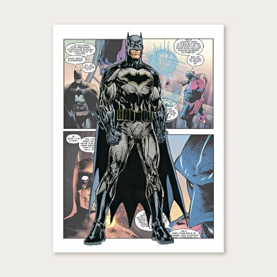 Imagem de banda desenhada do Batman em traje preto e cinzento com cinto amarelo.