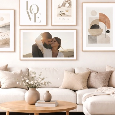 Sala de estar com sofá branco e decoração minimalista em tons neutros com quadros e planta