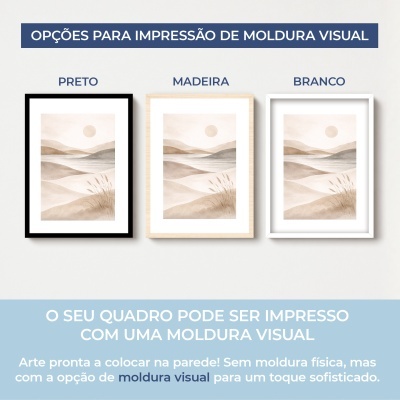Três quadros com molduras visuais preto, madeira e branco e ilustração de paisagem neutra