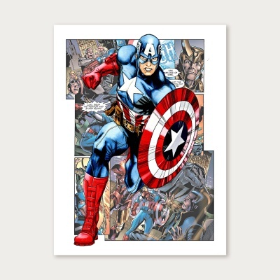 Página de banda desenhada do Capitão América com várias vinhetas e ação