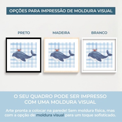 Opções para impressão de moldura visual com molduras nas cores preto, madeira e branco e ilustração de baleia azul com caranguejo