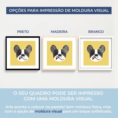 Três molduras visuais com desenho de cão em diferentes cores: preto, madeira e branco.